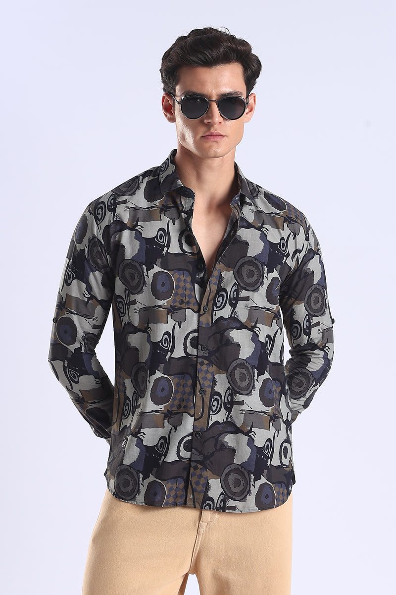 Brown Camouflage Printed Slim Fit Cotton Full Sleeve Shirt