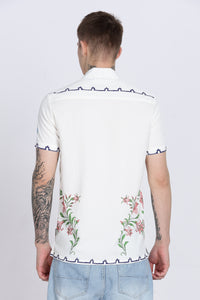 White Floral Print Slim Fit Half Sleeve Cuban Collar Shirt