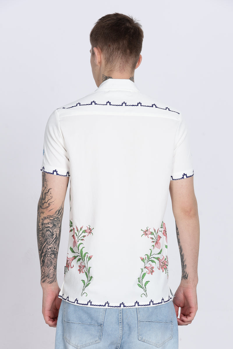 White Floral Print Slim Fit Half Sleeve Cuban Collar Shirt