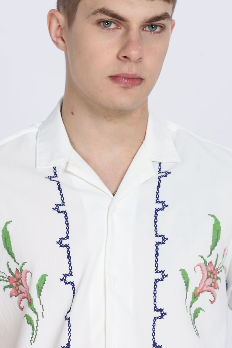 White Floral Print Slim Fit Half Sleeve Cuban Collar Shirt