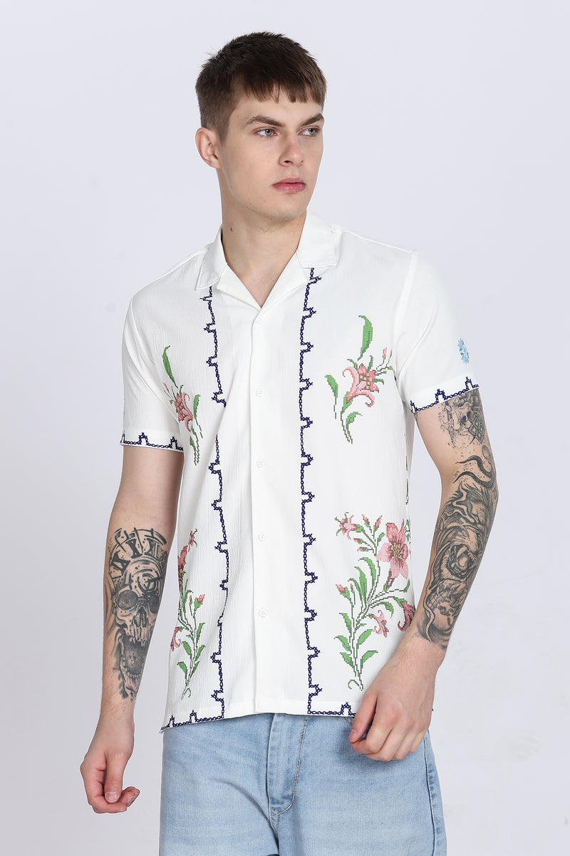 White Floral Print Slim Fit Half Sleeve Cuban Collar Shirt