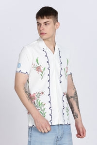 White Floral Print Slim Fit Half Sleeve Cuban Collar Shirt