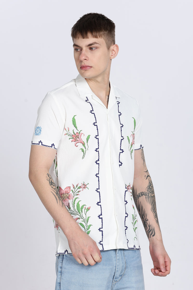 White Floral Print Slim Fit Half Sleeve Cuban Collar Shirt