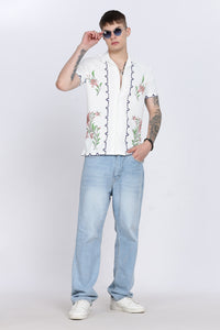 White Floral Print Slim Fit Half Sleeve Cuban Collar Shirt