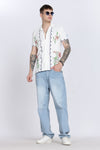 White Floral Print Slim Fit Half Sleeve Cuban Collar Shirt