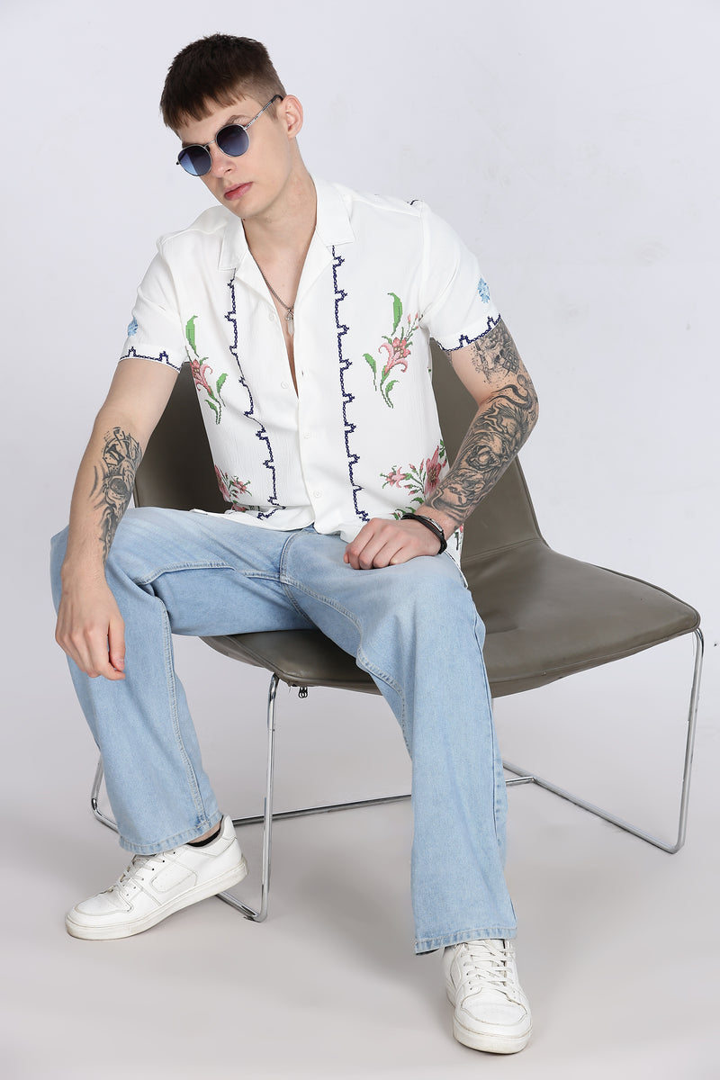 White Floral Print Slim Fit Half Sleeve Cuban Collar Shirt