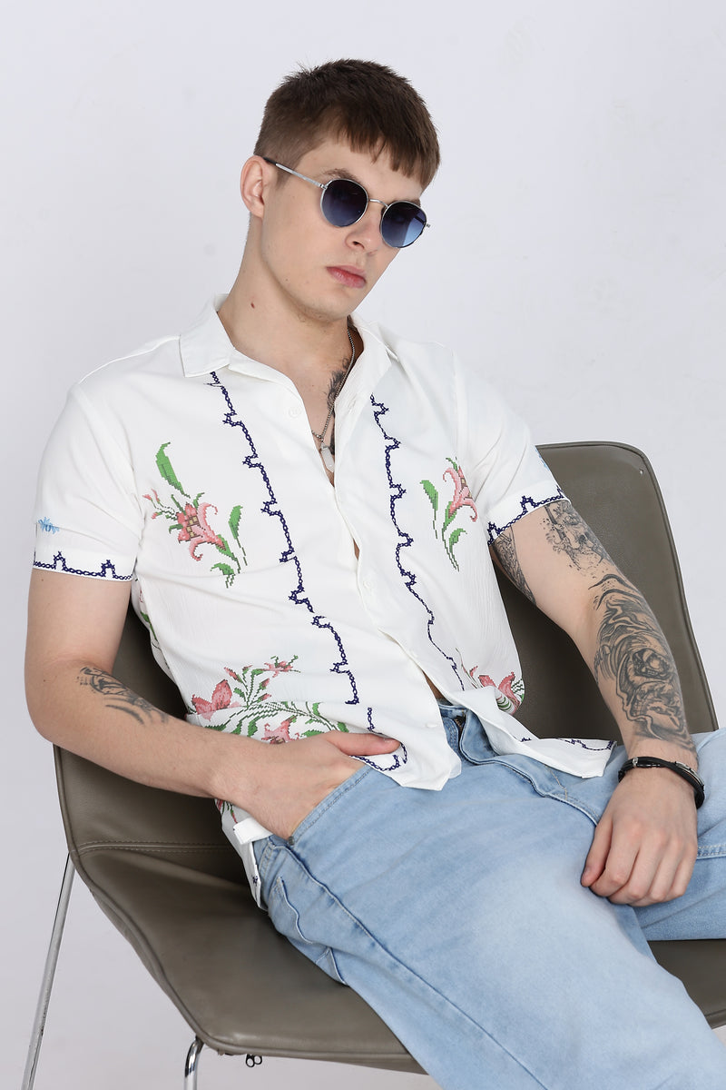 White Floral Print Slim Fit Half Sleeve Cuban Collar Shirt