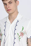 White Floral Print Slim Fit Half Sleeve Cuban Collar Shirt