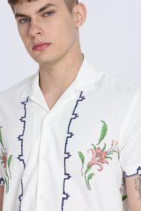 White Floral Print Slim Fit Half Sleeve Cuban Collar Shirt