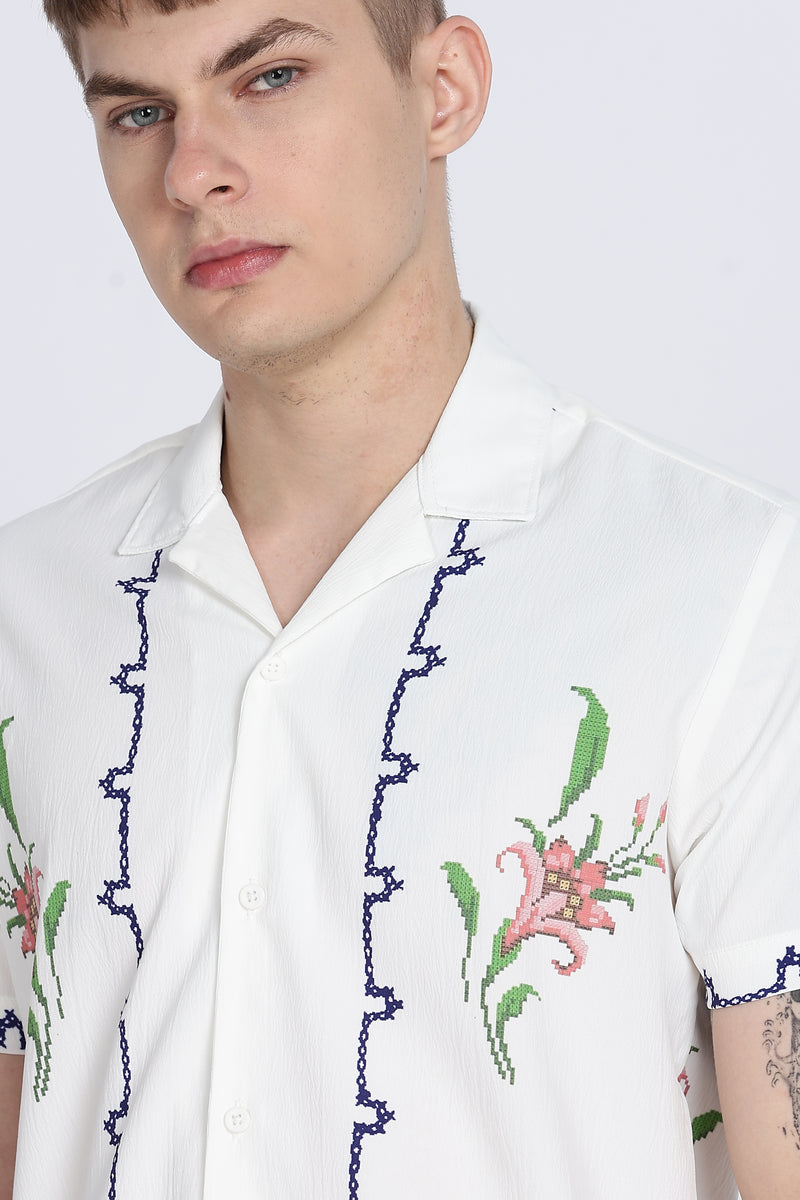 White Floral Print Slim Fit Half Sleeve Cuban Collar Shirt