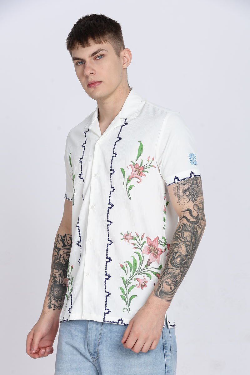 White Floral Print Slim Fit Half Sleeve Cuban Collar Shirt