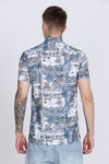 Blue Abstract Floral Print Slim Fit Half Sleeve Cuban Collar Shirt