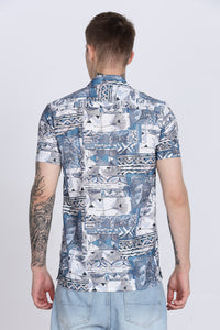 Blue Abstract Floral Print Slim Fit Half Sleeve Cuban Collar Shirt