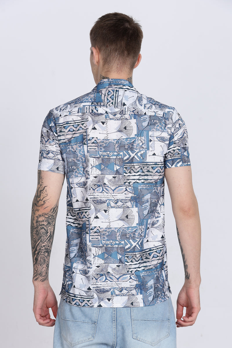 Blue Abstract Floral Print Slim Fit Half Sleeve Cuban Collar Shirt