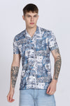 Blue Abstract Floral Print Slim Fit Half Sleeve Cuban Collar Shirt