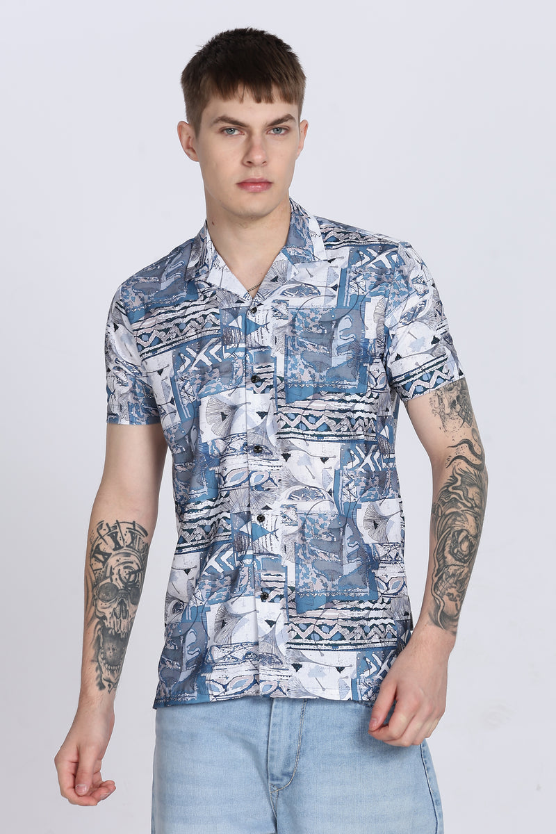 Blue Abstract Floral Print Slim Fit Half Sleeve Cuban Collar Shirt