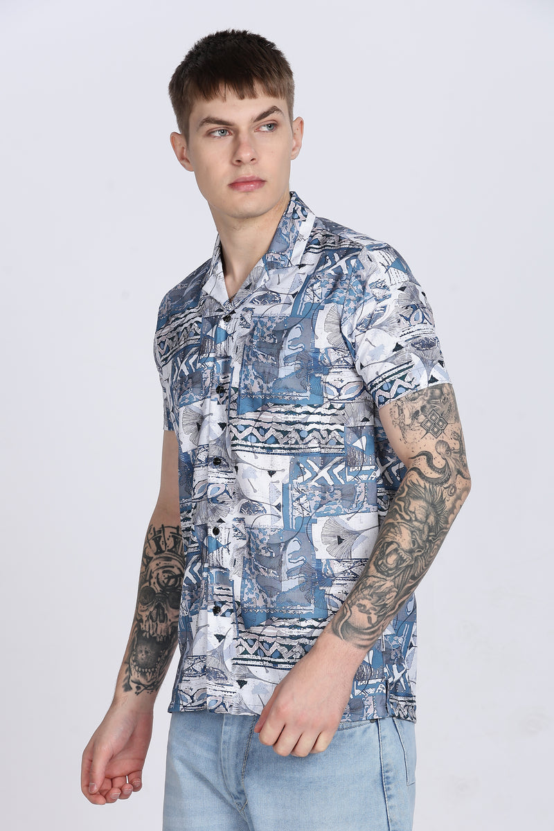 Blue Abstract Floral Print Slim Fit Half Sleeve Cuban Collar Shirt