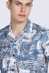 Blue Abstract Floral Print Slim Fit Half Sleeve Cuban Collar Shirt