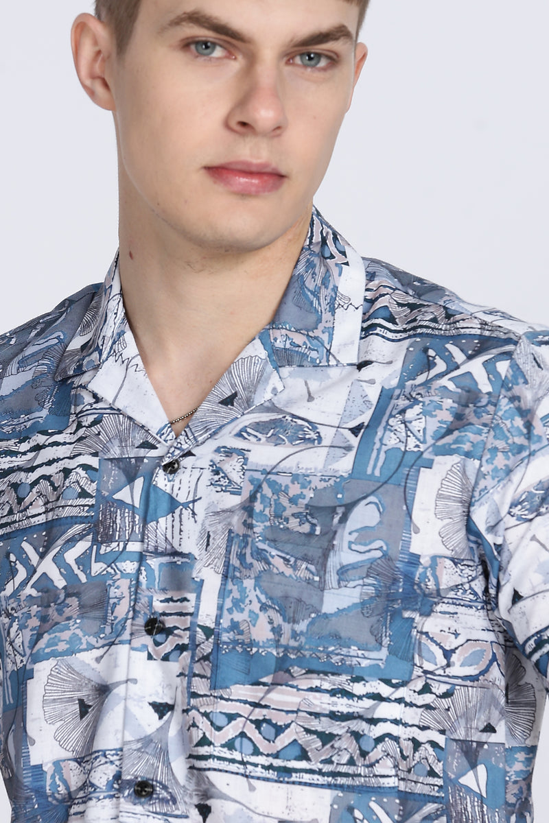 Blue Abstract Floral Print Slim Fit Half Sleeve Cuban Collar Shirt