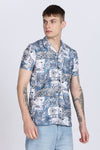 Blue Abstract Floral Print Slim Fit Half Sleeve Cuban Collar Shirt