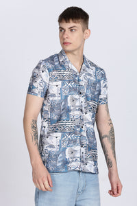 Blue Abstract Floral Print Slim Fit Half Sleeve Cuban Collar Shirt