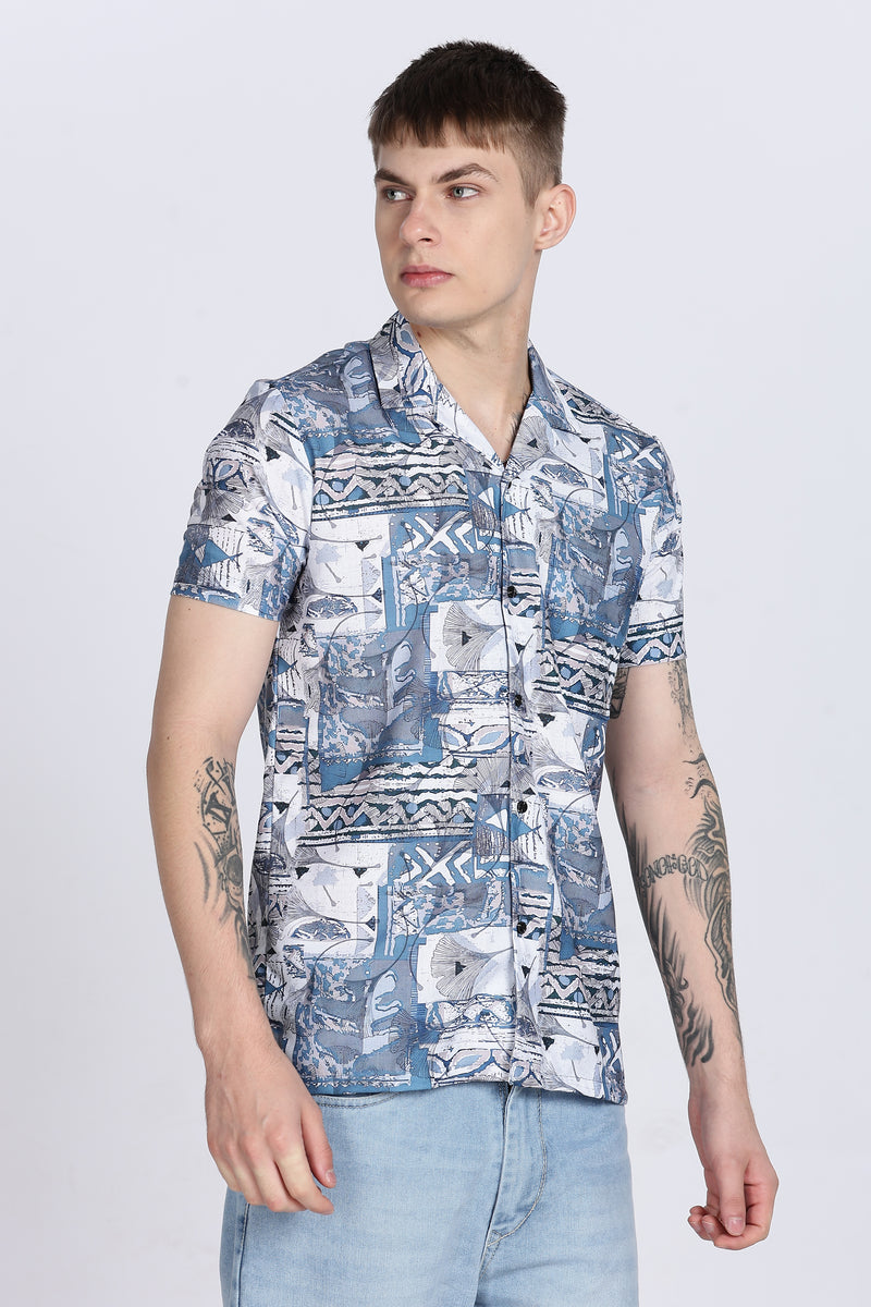 Blue Abstract Floral Print Slim Fit Half Sleeve Cuban Collar Shirt