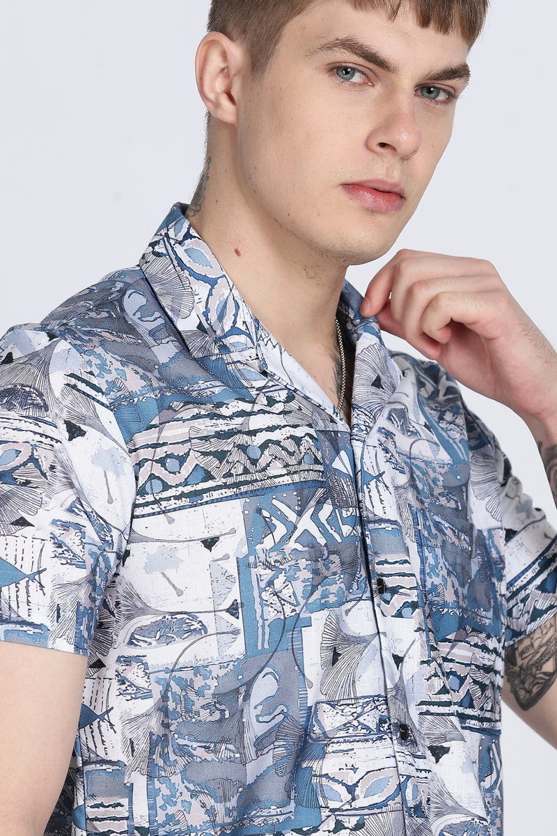 Blue Abstract Floral Print Slim Fit Half Sleeve Cuban Collar Shirt