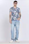 Blue Abstract Floral Print Slim Fit Half Sleeve Cuban Collar Shirt