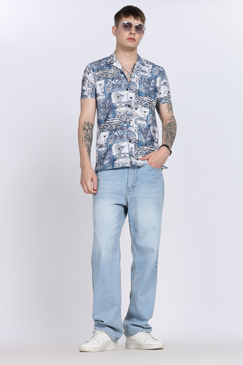Blue Abstract Floral Print Slim Fit Half Sleeve Cuban Collar Shirt
