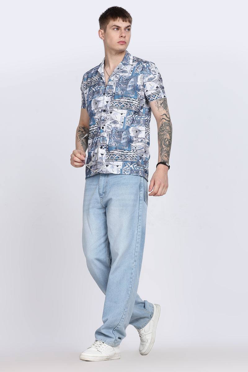 Blue Abstract Floral Print Slim Fit Half Sleeve Cuban Collar Shirt