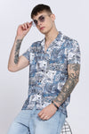 Blue Abstract Floral Print Slim Fit Half Sleeve Cuban Collar Shirt