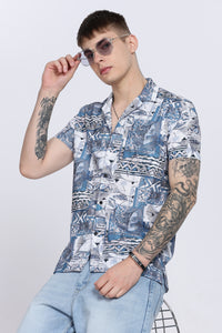 Blue Abstract Floral Print Slim Fit Half Sleeve Cuban Collar Shirt