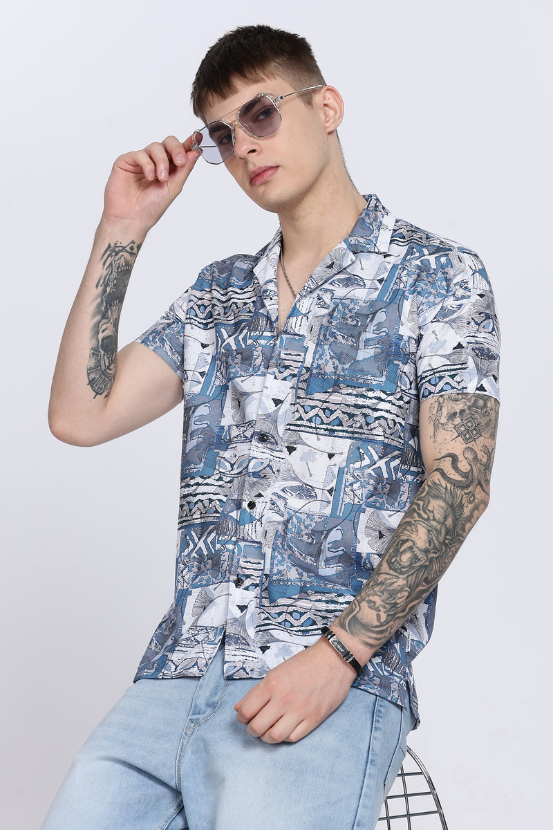 Blue Abstract Floral Print Slim Fit Half Sleeve Cuban Collar Shirt