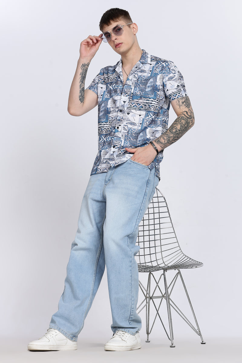 Blue Abstract Floral Print Slim Fit Half Sleeve Cuban Collar Shirt