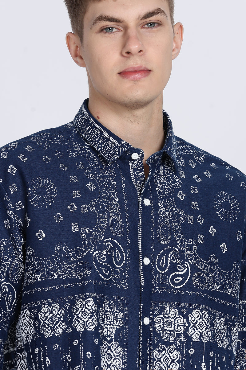 Navy Floral Print Slim Fit Full Sleeve Casual Shirt
