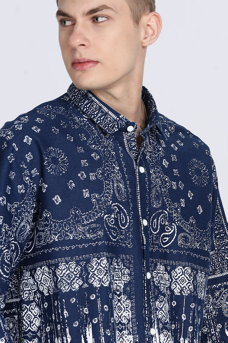 Navy Floral Print Slim Fit Full Sleeve Casual Shirt