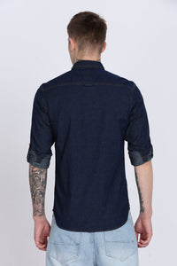 Navy Plain Slim Fit Full Sleeve Denim Casual Shirt