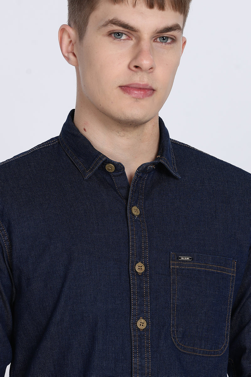 Navy Plain Slim Fit Full Sleeve Denim Casual Shirt