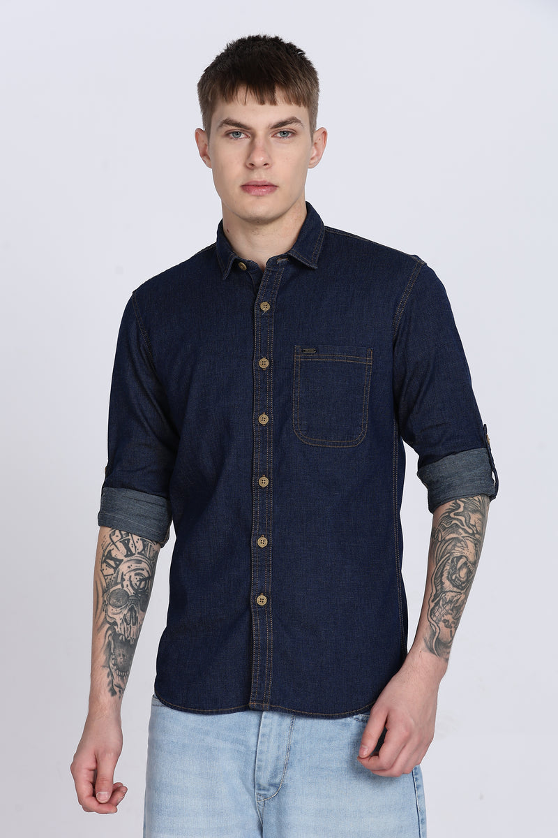 Navy Plain Slim Fit Full Sleeve Denim Casual Shirt