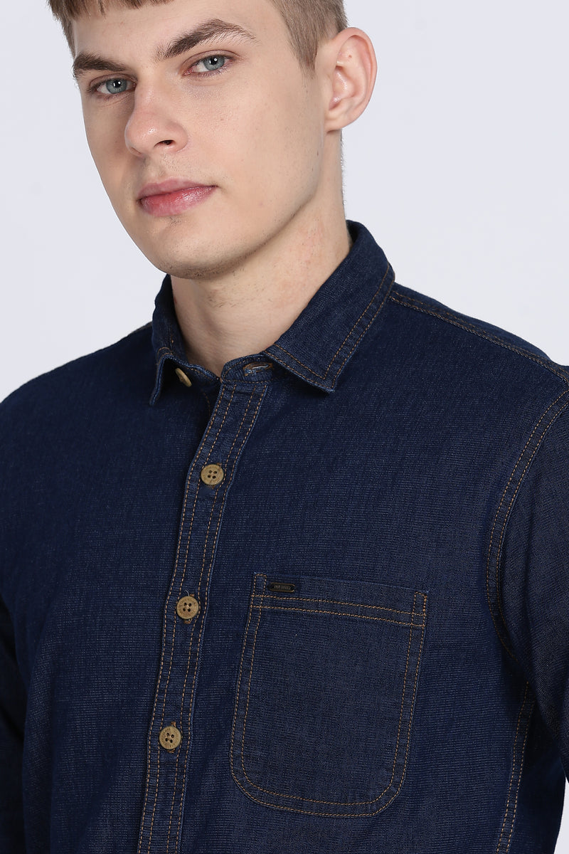 Navy Plain Slim Fit Full Sleeve Denim Casual Shirt