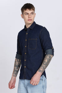 Navy Plain Slim Fit Full Sleeve Denim Casual Shirt