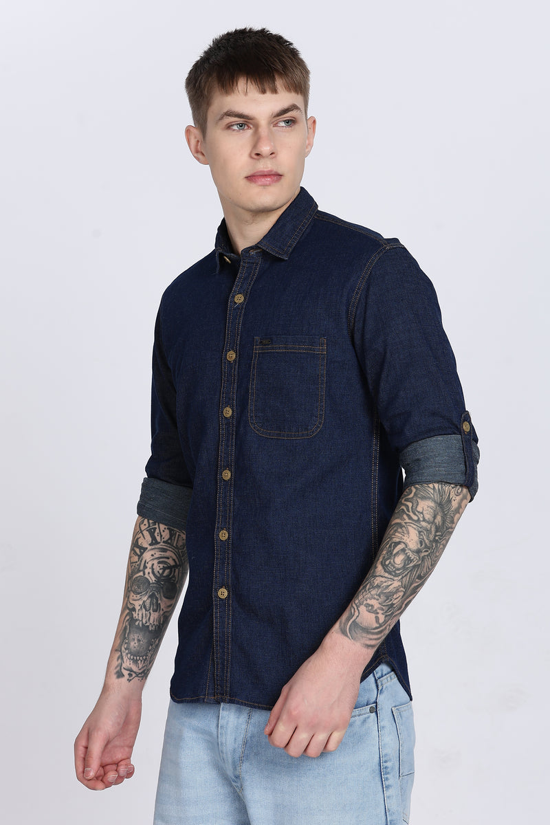 Navy Plain Slim Fit Full Sleeve Denim Casual Shirt