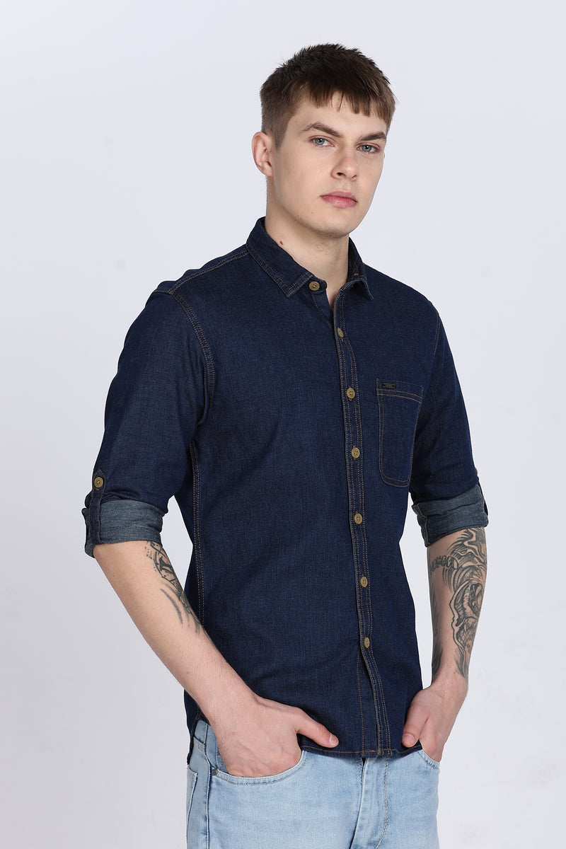 Navy Plain Slim Fit Full Sleeve Denim Casual Shirt