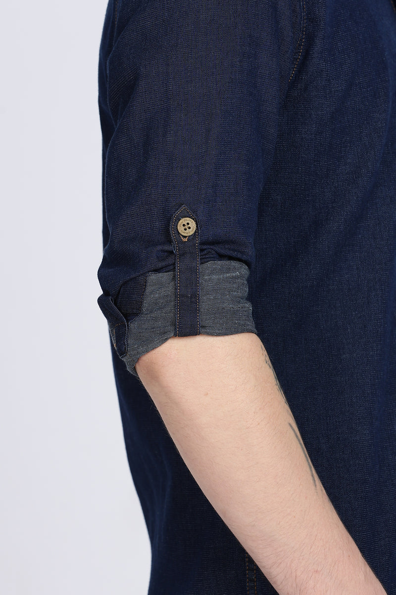 Navy Plain Slim Fit Full Sleeve Denim Casual Shirt