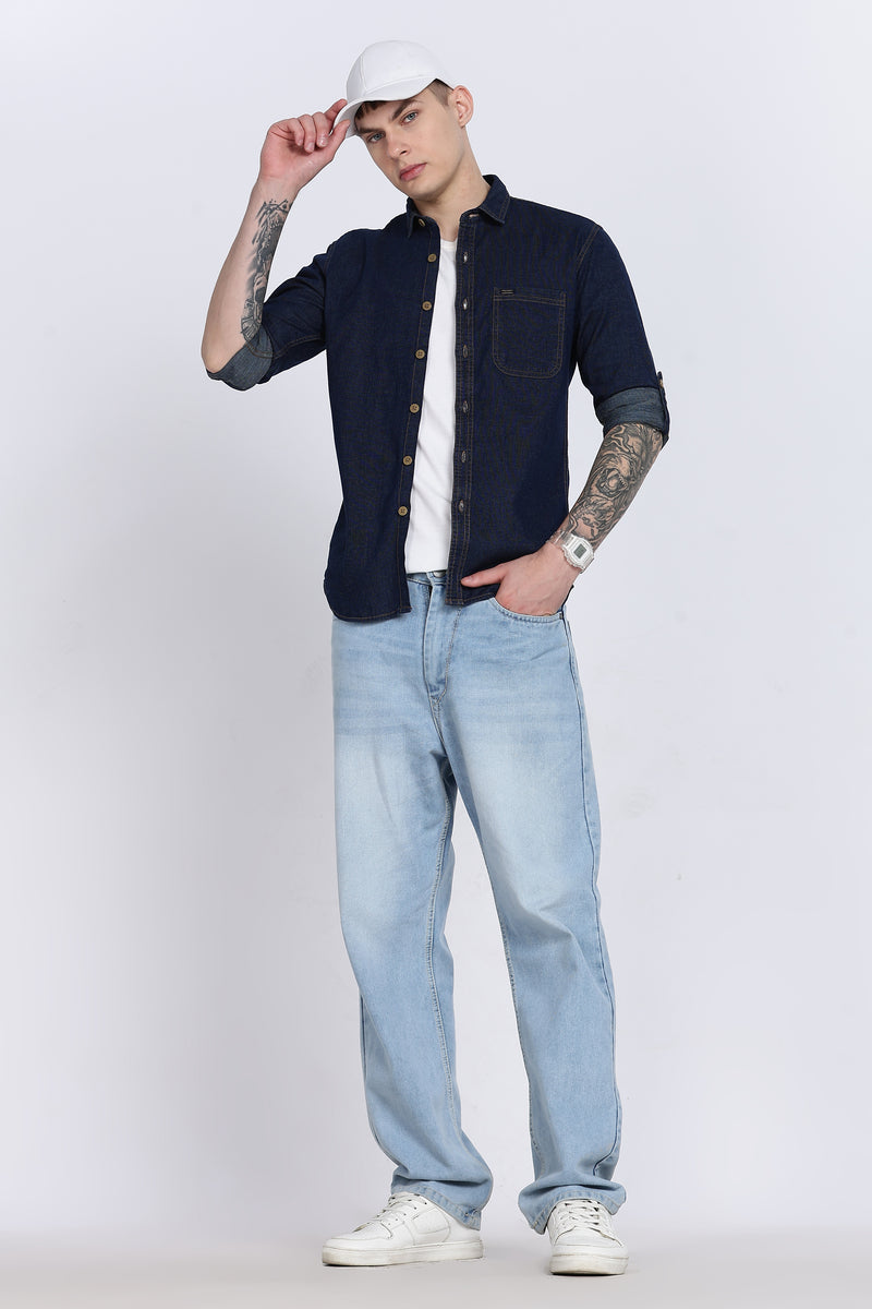 Navy Plain Slim Fit Full Sleeve Denim Casual Shirt