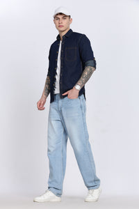 Navy Plain Slim Fit Full Sleeve Denim Casual Shirt