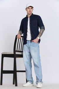 Navy Plain Slim Fit Full Sleeve Denim Casual Shirt