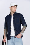 Navy Plain Slim Fit Full Sleeve Denim Casual Shirt