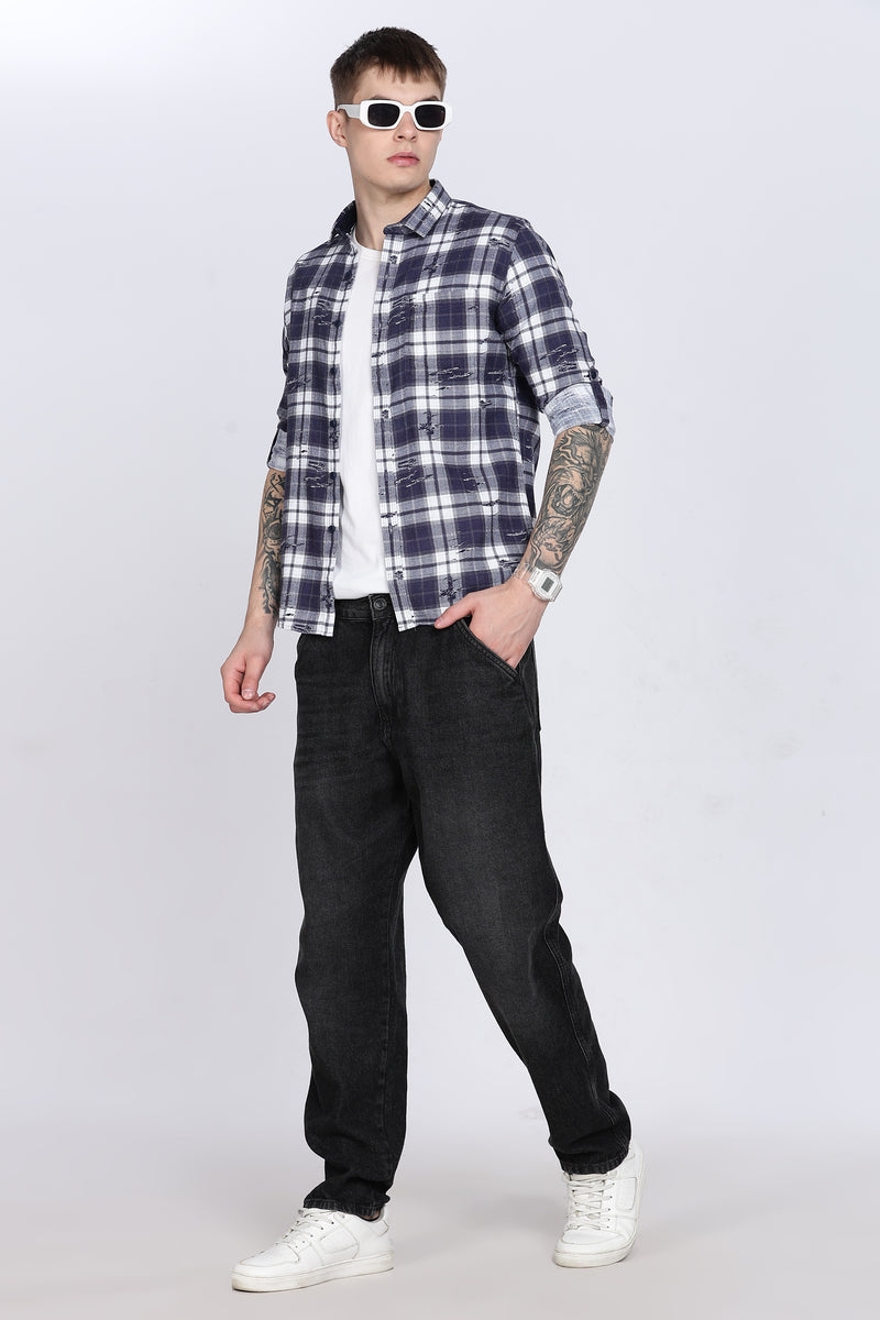 Navy Checkered  Slim Fit Full Sleeve Shirt