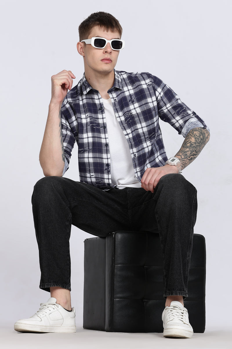 Navy Madras Checked Double Pocket Shirt